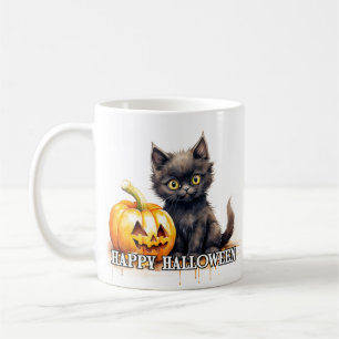 Zwarte kleine kitten   Happy Halloween Koffiemok