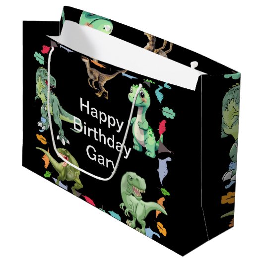Zwarte kleur Achtergrond Dinosaurus Verjaardagsfee Groot Cadeauzakje (Voorkant Gekanteld)
