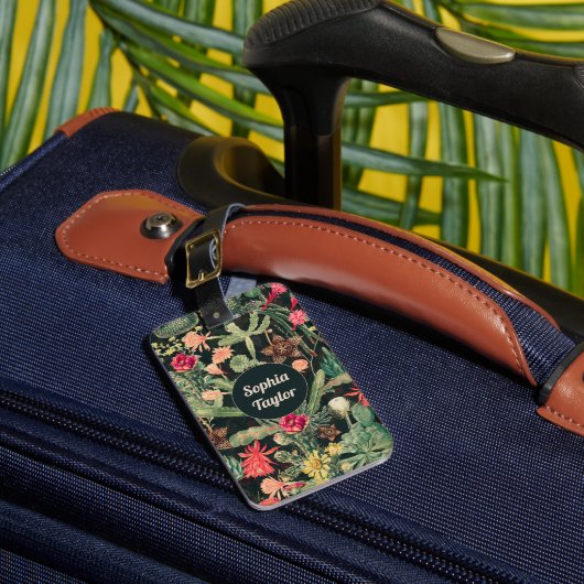 Zwarte  kleurrijke cactus bagagelabel (Voorkant Insitu 1)