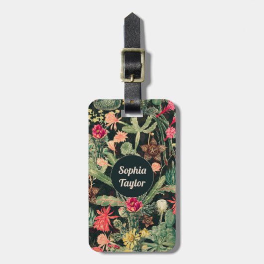 Zwarte  kleurrijke cactus bagagelabel (Voorkant verticaal)