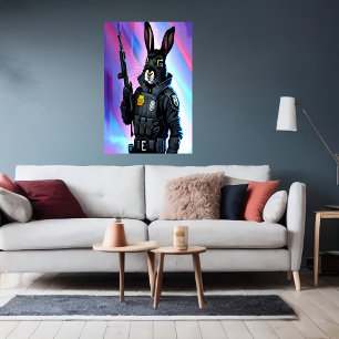 Zwarte konijn met politiuniform   AI Art. Poster