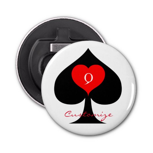 Zwarte koningin van de schoppen Red Heart Thunder_ Button Flesopener (Voorkant)