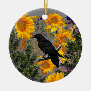 zwarte kraai en zonnebloemen keramisch ornament