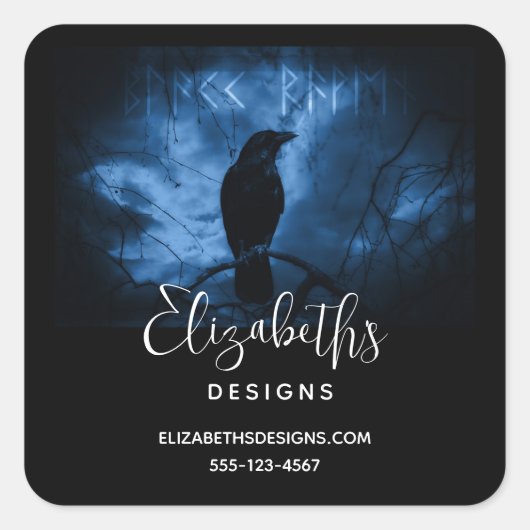 Zwarte Kraai met Runen Donkere Goth Stijl Zakelijk Vierkante Sticker (Voorkant)