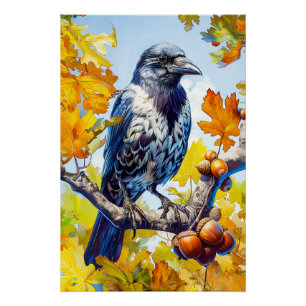 Zwarte Kraai op Eikenboom Impressionistische Stijl Perfect Poster