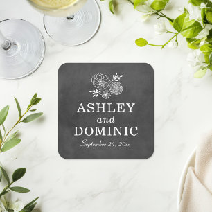 zwarte-krijtbord bruiloft monogram vierkante kartonnen onderzetter