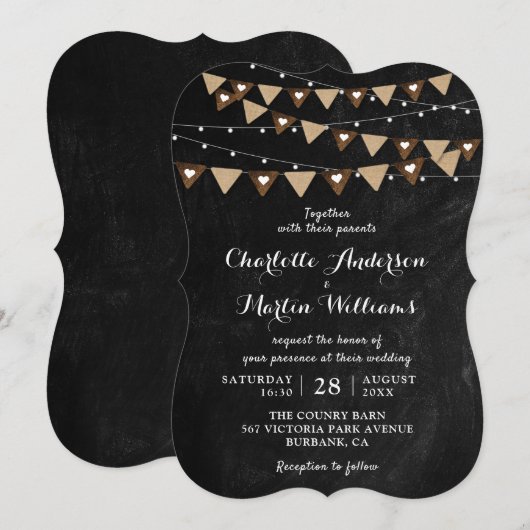 Zwarte Krijtbord String Lights Bunting Wedding Kaart (Voorkant / Achterkant)