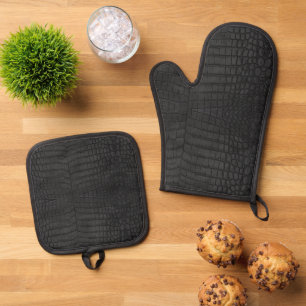 Zwarte Krokodillen Leerprint Ovenwant & Pannenlap Set