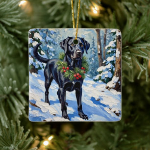 Zwarte Lab Serene Winter Woud Kerst Vakantie Keramisch Ornament