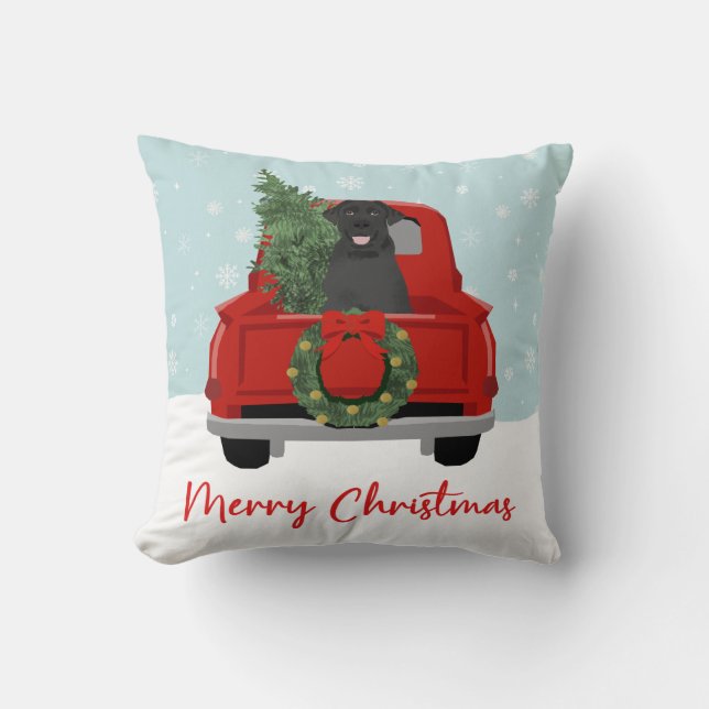 Zwarte Lab Vintage Kersttruck Kussen (Voorkant)