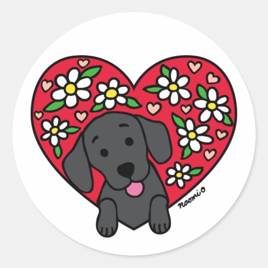 Zwarte Labrador Bloemen Hart Classic Ronde Sticker (Voorkant)