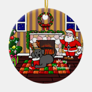 Zwarte labrador en kerstkerstCartoon Keramisch Ornament