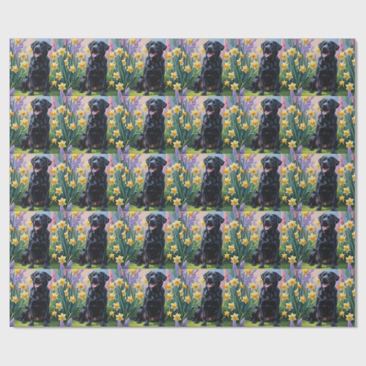 Zwarte Labrador Hond Spring Bloemen Schilderen Cadeaupapier (Vlak)