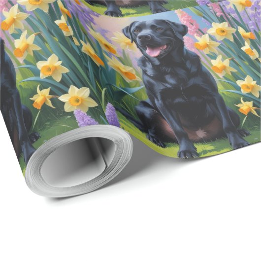 Zwarte Labrador Hond Spring Bloemen Schilderen Cadeaupapier (Rol Hoek)
