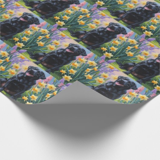 Zwarte Labrador Hond Spring Bloemen Schilderen Cadeaupapier (Hoek)