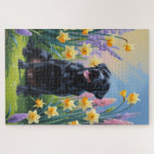 Zwarte Labrador Hond Spring Bloemen Schilderen Legpuzzel (Horizontaal)