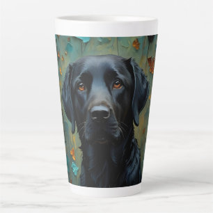 Zwarte labrador in bladeren latte mok