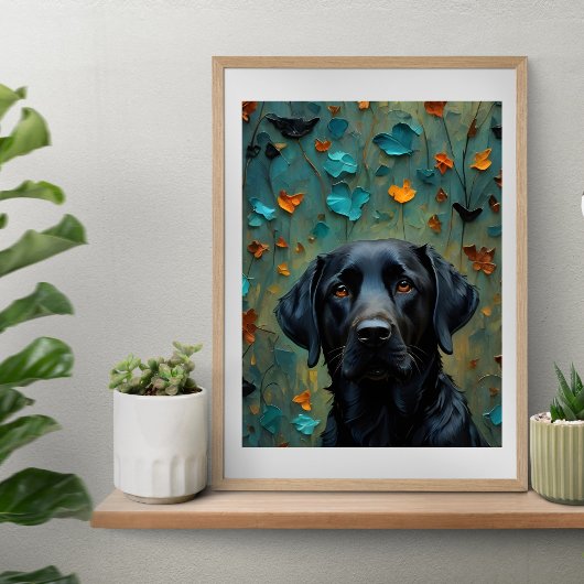Zwarte labrador in bladeren poster