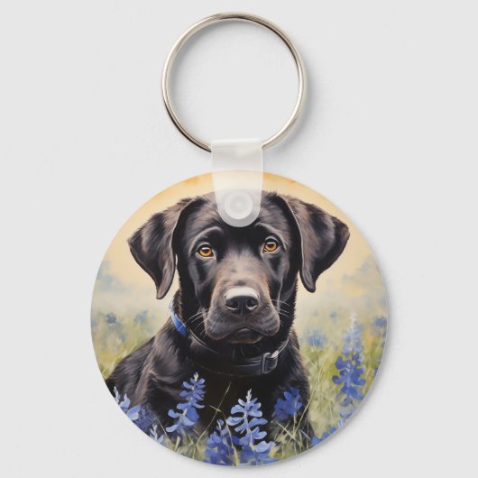 Zwarte Labrador in Bluebonnets Sleutelhanger (Voorkant)