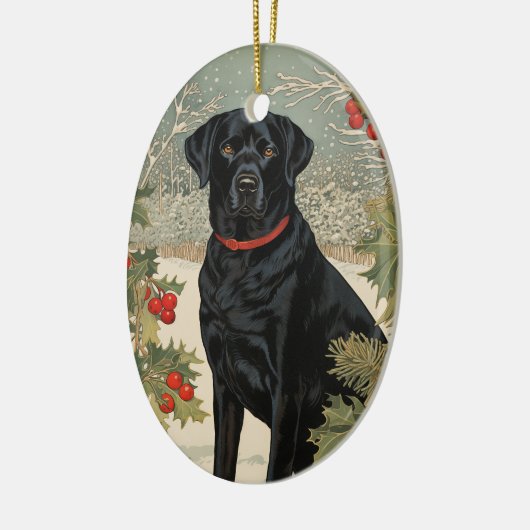 Zwarte labrador in de winter keramisch ornament (Links)