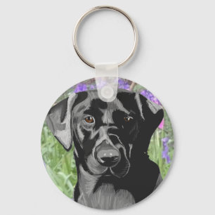 Zwarte Labrador in een bos met blauwe klokjes Sleutelhanger