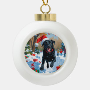 Zwarte Labrador Kerst Sneeuwscène Keramische Bal Ornament