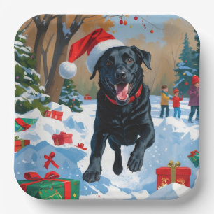 Zwarte Labrador Kerst Sneeuwscène Papieren Bordje