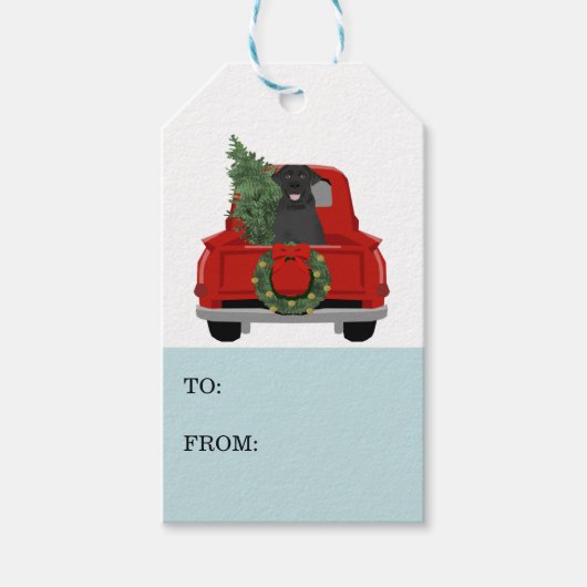 Zwarte Labrador Kersthond Rode Vrachtwagen Cadeaulabel (Voorkant)