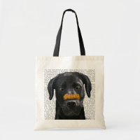 Zwarte labrador met bot op neus