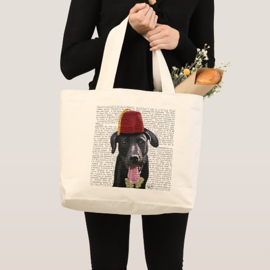 Zwarte labrador met fez grote tote bag (Voorkant (product))