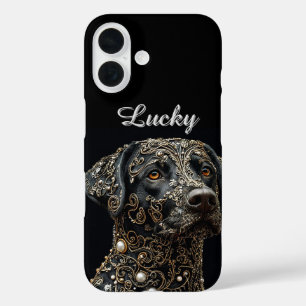 Zwarte Labrador Met Ingewikkelde Goud en Parel iPhone 16 Hoesje