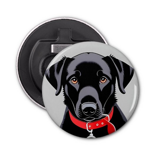 Zwarte labrador met rode kraag button flesopener (Voorkant)