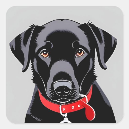 Zwarte labrador met rode kraag vierkante sticker (Voorkant)