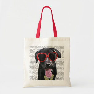 Zwarte labrador met zonnebrillen voor het hart tote bag