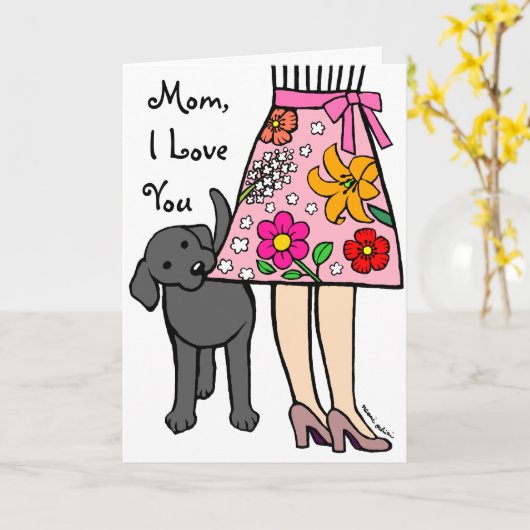 Zwarte Labrador & Mom's Rok Cartoon Kaart (Gele Bloem)