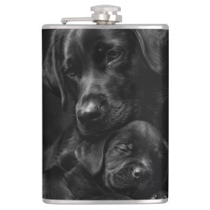 Zwarte Labrador, ouder en kind, Knuffel van liefde Heupfles