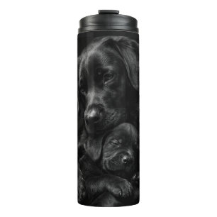 Zwarte Labrador, ouder en kind, Knuffel van liefde Thermosbeker