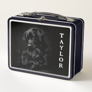 Zwarte Labrador, ouder en kind, metalen lunchbox