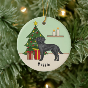 Zwarte labrador retriever hond met kerstboom keramisch ornament