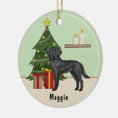 Zwarte labrador retriever hond met kerstboom keramisch ornament (Links)