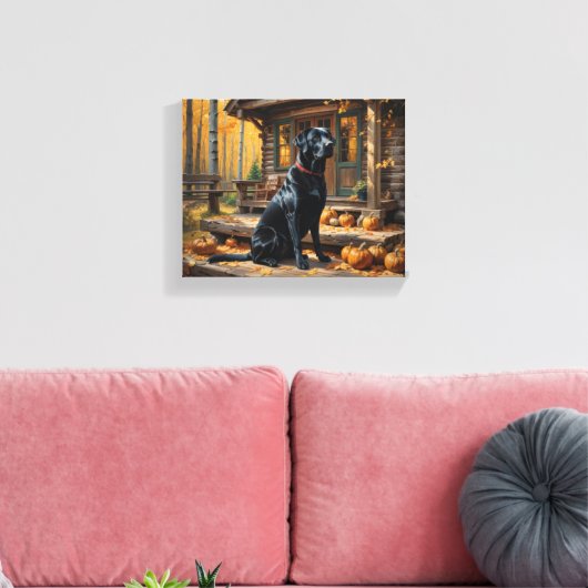 Zwarte Labrador Retriever Log Cabin Herfst Canvas Afdruk (Insitu (Woonkamer))