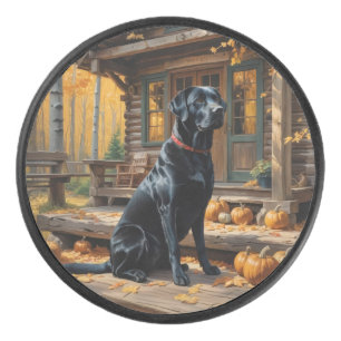 Zwarte Labrador Retriever Log Cabin Herfst Hockey Puck