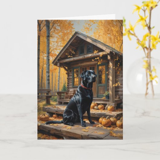 Zwarte Labrador Retriever Log Cabin Herfst Kaart (Gele Bloem)
