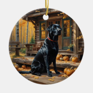 Zwarte Labrador Retriever Log Cabin Herfst Keramisch Ornament