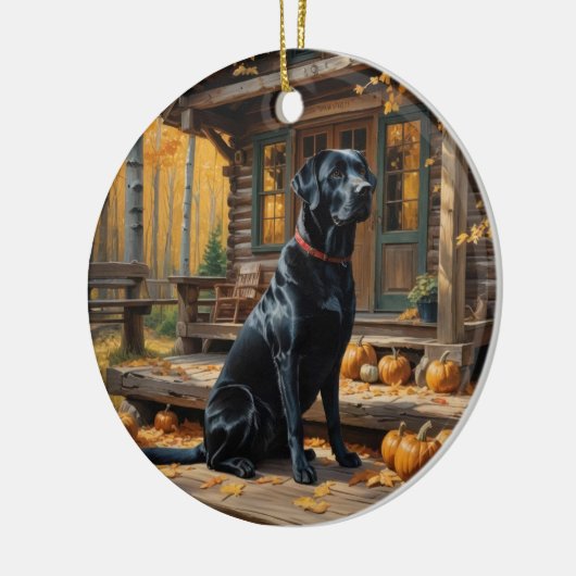 Zwarte Labrador Retriever Log Cabin Herfst Keramisch Ornament (Links)