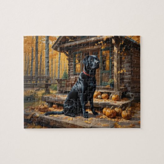 Zwarte Labrador Retriever Log Cabin Herfst Legpuzzel (Horizontaal)
