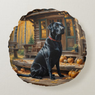 Zwarte Labrador Retriever Log Cabin Herfst Rond Kussen