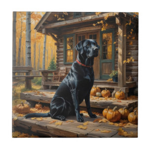 Zwarte Labrador Retriever Log Cabin Herfst Tegeltje