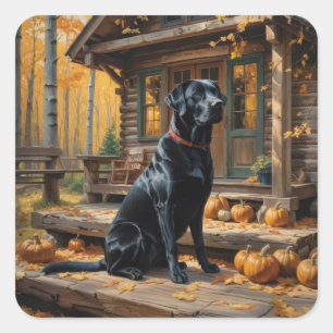 Zwarte Labrador Retriever Log Cabin Herfst Vierkante Sticker