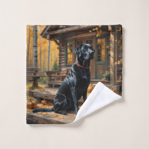 Zwarte Labrador Retriever Log Cabin Herfst Washandje